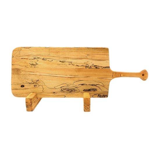 Spalted Maple charcuterie board on stand. front side. Hand made by Jooyn.ca