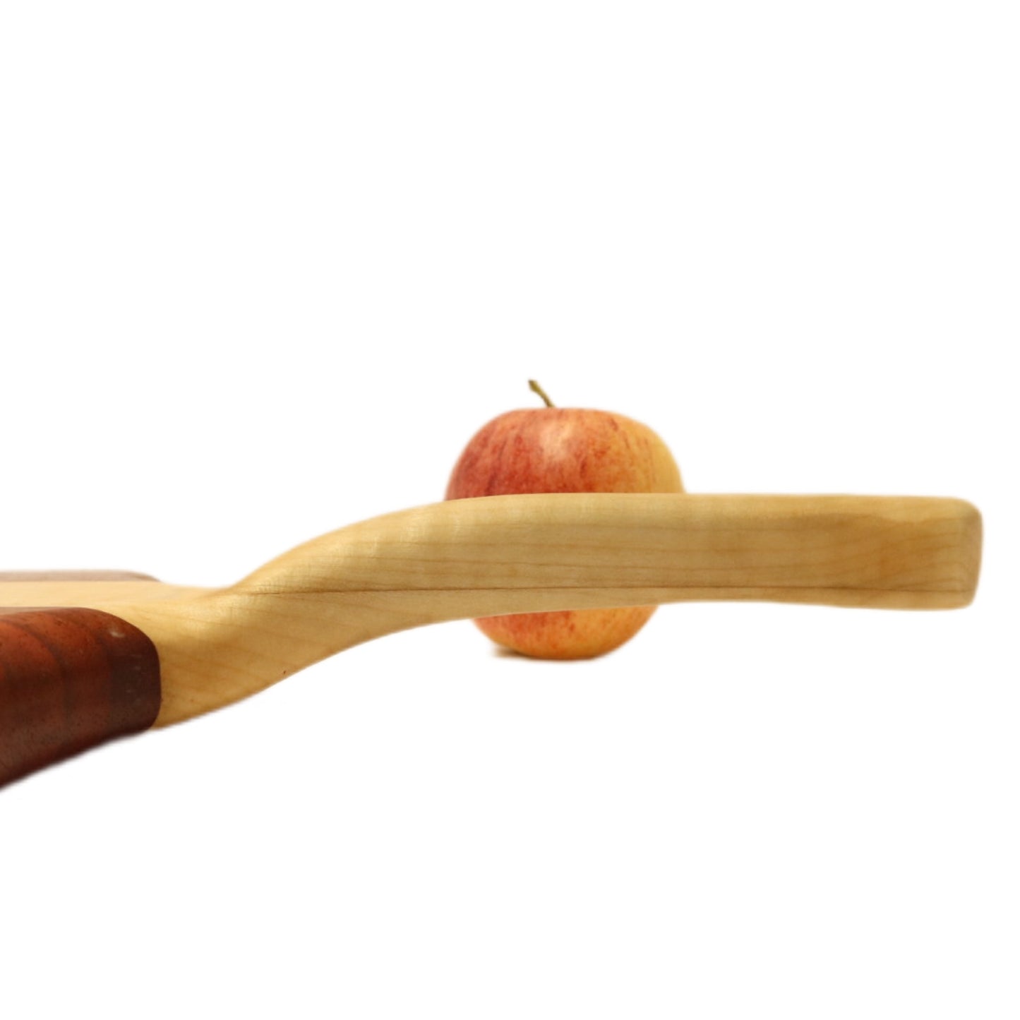 "Padauk and curly maple charcuterie board with raised handle. The board features a unique combination of warm reddish-brown padauk and light-colored curly maple, with a raised handle for easy carrying. Perfect for serving cheeses, meats, bread, crackers, fruit, and more. A stunning display piece that is sure to impress your guests."